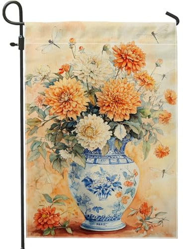 Herbst-Blumen-Gartenflagge, orangefarbene Dahlie-Blumen, Libelle, Outdoor-Dekoration, doppelseitige Jute-Flagge für Herbst, Heimdekoration, Hof, Rasen-Dekoration, 30,5 x 45,7 cm