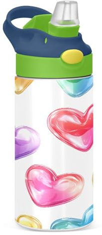 JUMBEAR Bouteille d'eau colorée en forme de cœur pour enfants, 350 ml, bouteille d'eau de sport isotherme avec couvercle à paille, bouteille d'eau en acier inoxydable pour garçons et filles