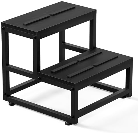 Tritthocker Holz 2-Stufen für Erwachsene & Kinder, 500LB/226KG Tragkraft - Stabiler Metallrahmen & Holzbrett, Anti-Rutsch Füße, Universal Fußhocker für Bad/Küche/Schlafzimmer/Wohnwagen (38x38x35.5cm)