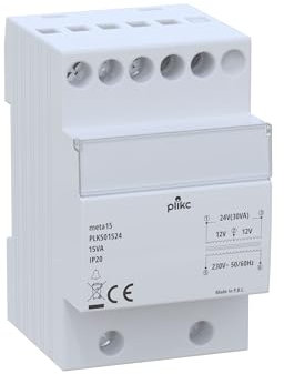 Plikc Meta - Trasformatore per Campanelli, Installazione da Barra Din per Servizio Discontinuo (12-24V / 15VA - 30VA)