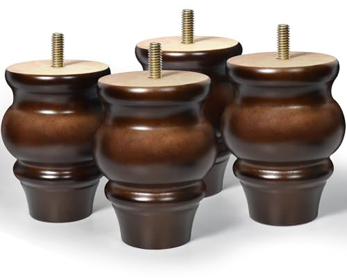AORYVIC Furniture Legs, Wood Sofa Legs, Turned Couch Legs, Round Furniture Feet for Dresser, Sideboard, Recliner, Coffee Table (Dark Brown, 4 inch)