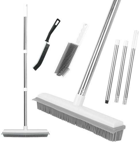 COEWUR Rubber Broom Carpet Brush for Pet Hair, Rubber Brush with Adjustable Long Handle for Human Pet Dog Hair Carpet Kitchen Garden Cleaning with 2 Handheld Edge Brush