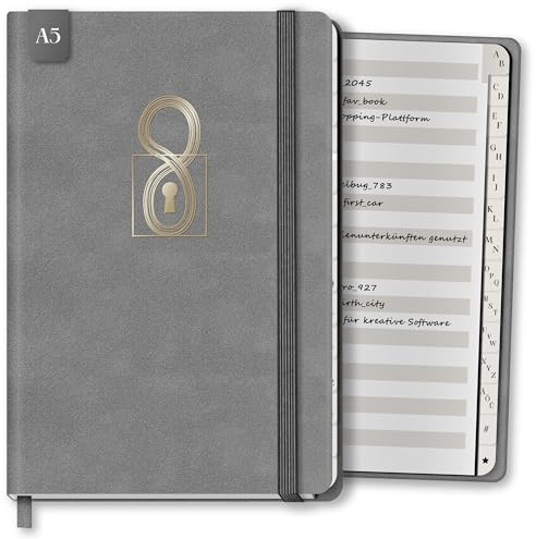 BIROYAL A5 Passwort Buch Deutsch, Platz für über 700 Passwörter, Hellgrau | A-Z Register, 224 Seiten mit 120 g/m²-Premium Papier, Gummiband, Lesezeichen, für Internet-Adressen, Benutzernamen und Logins