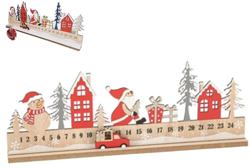 1pc Holz Adventskalender 24-Tage bewegende Geschenke Auto Weihnachtskalender 2025 mit dem Weihnachtsmann Snowman Weihnachtshaus Dekor Holzornamente für Kinder Erwachsene, 16x6 Zoll.