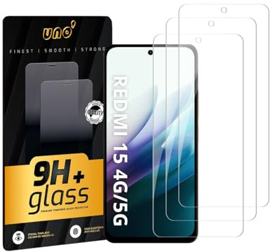UNO' [3 Piezas] Protector de Pantalla Cristal Templado para Redmi 15 4G/5G (6,9″) Ultraresistente,Dureza 9H, Alta Transparencia HD, Sin Burbujas,Antihuellas,Instalación Fácil,Compatible Con Fundas,