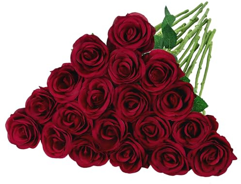 BlueCloudy 16 Stück Rote Rosen Künstliche Rosenstrauß aus Flanell Fake Kunstrosen mit Kunststoff Langer Stängel Kunstblumen für Hochzeit Tischdekoration Valentinstag Homeparty Brautstrauß, Wein Rot