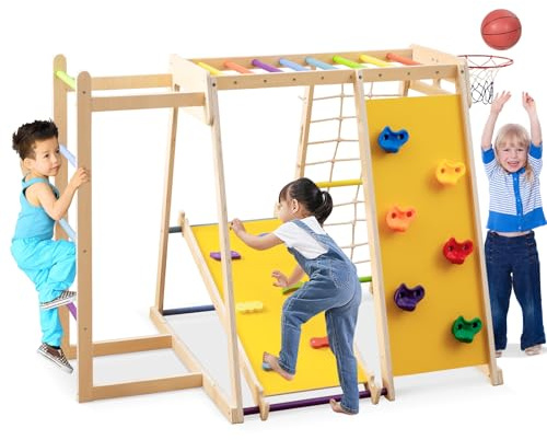 COSTWAY Gimnasio Infantil para Interior 6 en 1, Parque Infantil de Madera Montessori para Escalar con Tobogán, Escalada, Aro de Baloncesto, Barras de Mono, Red de Cuerda, Escalera (Multicolor)