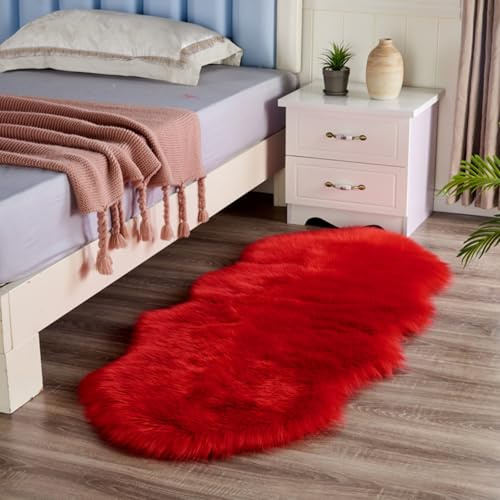 Hixingo Faux Lammfell Schaffell Teppich Kunstfell Dekofell, Einfarbig Longhair Teppich Flauschig Langflor Weich Shaggy Waschbarer Wohnzimmer Deko Fell Carpet, Schlafzimmer (Rot,60x120cm)
