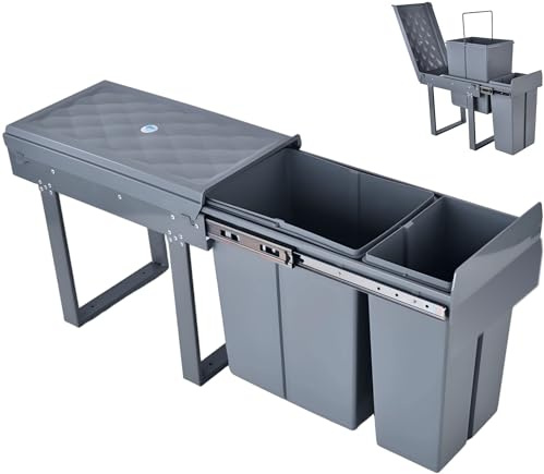 MinteLiv Einbaumülleimer ausziehbar Mülltrennsystem, Stahlrahmen, 20L+10L | 2 Fächer, passend für schmale Küchenunterschränke ab 30 cm Breite, 48x26x42cm, Küche, unter Spüle, Vollauszug