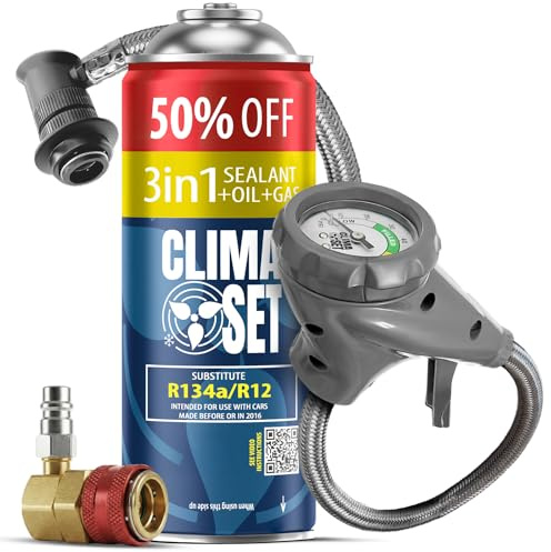 CLIMASET - Kit de Recarga de Aire Acondicionado para Coche - Kit 3 en 1 R134a + Manguera + Adaptador de Alta/Baja presión - para vehículos de 1994 a 2016, Manguera Moderna y fácil de Usar, manómetro