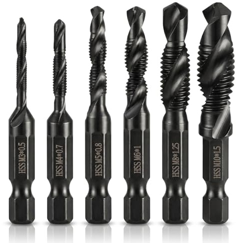 6 Packs Combination Drill Taps Bit Set, Drill Tap Countersink Bits in Sizes M3*0.5 M4*0.7 M5*0.8 M6*1.0 M8*1.25 M10*1.5 with Anti-rust Coating and Storage Case, Hex Shank HSS Tap Drill Bit Set
