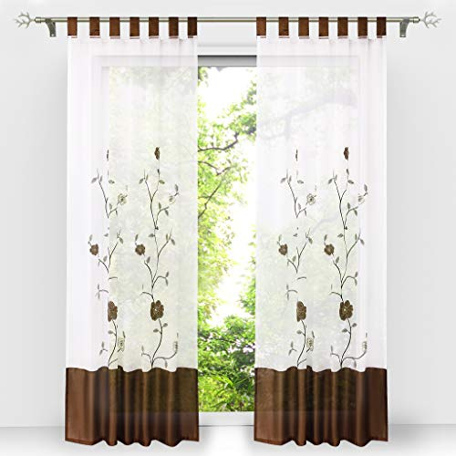 HongYa 1 Stück Voile Gardine Schal mit Schlaufen Transparenter Vorhang Bestickter Schlaufenschal H/B 245/140 cm Braun