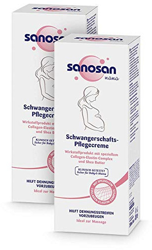 sanosan Schwangerschaftscreme beugt Dehnungsstreifen vor - 2x 200ml | Schwangerschafts Pflegecreme klinisch getestet beugt Dehnungsstreifen vor - ohne Paraffinöl, Farbstoffe, Silikone, Parabene