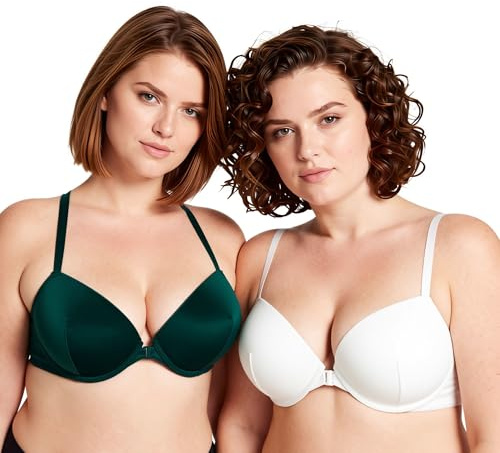 Curve Muse Push up da Donna Aggiungere 1 Tazza e Mezza, Capestro Davanti-Vicino, Reggiseni con Ferretto-Confezione da 2-Bianco, Verde Dk-2C