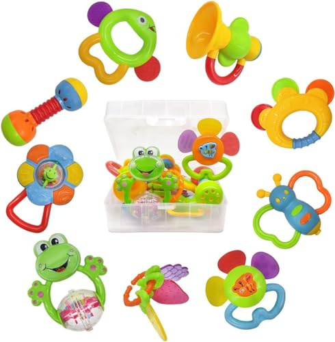 fiouni Baby Rassel Beißring Spielzeug Set Babys Erste Rasseln Babys Erstes Spielzeug Geschenkset für Säuglinge Neugeborenes Baby Jungen Mädchen 3 6 9 Monate 11 Stück (Rosa)