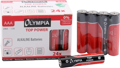Olympia Top Power AAA LR03 Micro Alkaline Batterien, 1,5 Volt, 24 Stück | Zuverlässige Einweg-Stromquelle für Haushalt und Büro. Optimal für Spielzeug, Fernbedienungen, Gaming-Mäuse und Thermometer