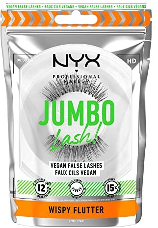 NYX Professional Makeup Ciglia Finte, Tenuta Fino a 12H, Banda Invisibile, Ri-Utilizzabili Fino a 15 Volte, Ciglia Vegane*, Jumbo Lash!, Wispy Flutter