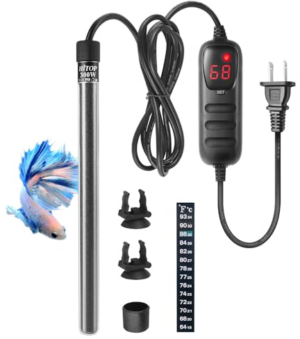 HITOP Compact Submersible Aquarium Heater - 300W Digital Heater for Fish Tank Turtle Tank 45-70 Gallon, Saltwater and Fresh Water with Temperature Controller (300W)