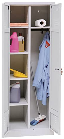 Schrank & Stuhl Mehrzweckschrank | Besenschrank mit Durchgehender Trennwand, Hakenleiste und 7 Fächern 180x80x50, Zylinderschloss, komplett montiert, Grau