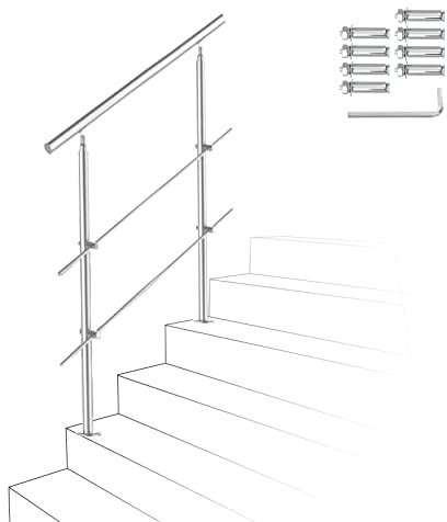 Ikodm Corrimano in acciaio inox, ringhiera per scale, 80 cm, con 2 barre trasversali e accessori, per scale, interni, balcone, ingresso di casa
