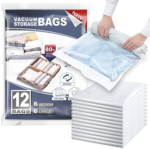 TAILI Vakuumbeutel für Kleidung Reise 12 Stück in 2 Größen 70 x 45 CM, 60 x 40 CM Vakuumbeutel Set Wiederverwendbar und Leicht zu Tragen Vakuumierbeutel für Reisen, Rucksack zum Rollen Breiter Rand