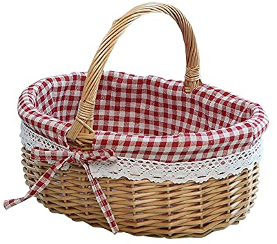Wicker Picknickkorb,Oval Einkaufskorb Weidenkorb mit Henkel, Handgeflochten Geschenkkorb Obstkorb Mit Futter Gewebten Aufbewahrungskorb Tragekorb Autokorb Henkelkorb für Zuhause Camping Garten