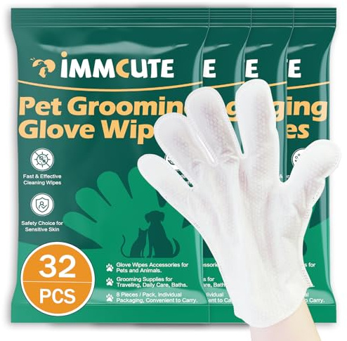 32 PCS Unscented Extra Thick Pet Bathing Wipes for Dogs & Cats, Dog Wipes Washing Gloves, Cleaning & Deodorizing Grooming Gloves for Daily Care and Traveling with EDI Water, Glycerin, Aloe Extract