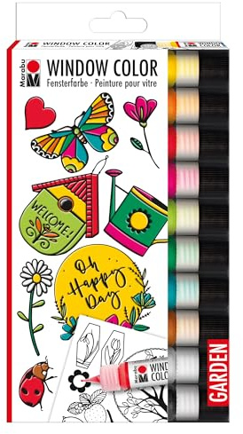 Marabu 04060000128 - Window Color Garden, 10 x 25 ml di Vernice, sagoma A4 con 20 Motivi, Vernice a Base d'Acqua, Rimovibile su superfici Lisce Come Vetro, specchi, Piastrelle e Fogli di Alluminio