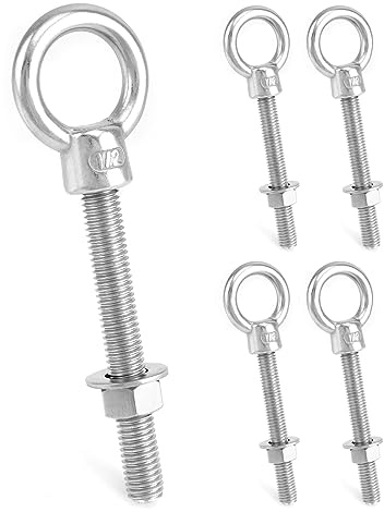 QWORK 316 Stainless Steel Machinery Eye Bolt with Shoulder, 5 Pack 1/2x4 Long Stainless Steel Marine Grade Shoulder Eye Bolt, Threaded Eyebolts