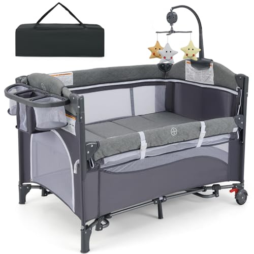 GYMAX Baby Travel Cot, 5-in-1 Portable Baby Bed Playard (Classic) | Changing Table, Storage Pocket and Hanging Toys, Adjustable Infant Bassinet Nursery Center