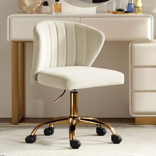 HULALA HOME Swivel Office Chair Armless Desk Chair, Height Adjustable Rolling Task Chair with Gold Base, Velvet Vanity Chair Dressing Table Chair with Wheels for Home Office, Study, Bedroom, TAN