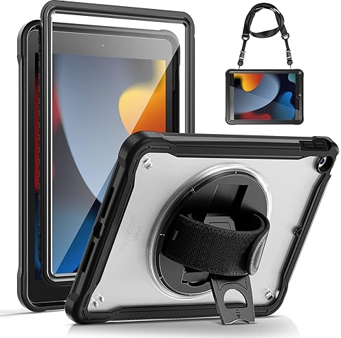 Gerutek Case for iPad 9th 8th 7th Generation 10.2 Inch, Full Body Heavy Duty Shockproof Cover with Built-in Screen Protector, 360° Rotating Stand & Hand Strap, Shoulder Strap, Clear Back, Black
