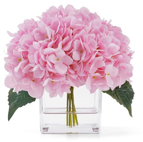 JOJOWOO Künstliche Hortensien Blumen in Vase, künstliches Blumenarrangement in Vase mit künstlichem Wasser für Heimdekoration für den Innenbereich (Rosa)