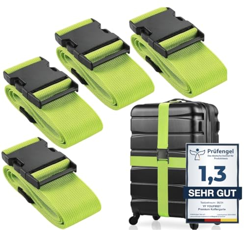YouFirst 4er-Set Premium Koffergurt | Grün | Nylon Kofferband | Gepäckgurt | Gepäckband | Luggage Strap | Reisekoffer | Extra stabile & sichere Schnalle (Neon-Grün)