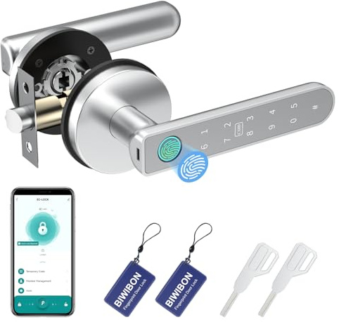 BIWIBON Fingerprint Door Lock, 5 in 1 Smart Door Knob with Smart APP/Fingerprint/IC Cards/Password/Backup Keys, Fingerprint Door Knob with Keypad for Bedroom, Office, Apartment, Silver, BCA-02