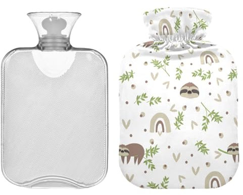 ZZXXB Wärmflasche mit Faultier und Blättern, mit Fleece-Bezug, PVC-Wärmbeutel, 1 Liter