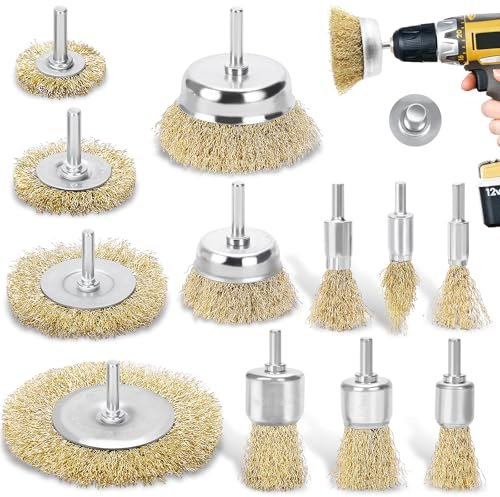 DazSpirit 12pcs Drahtbürste Bohrmaschine, Messingbeschichtet Drahtbürsten | Topfbürsten-Set für 1/4 Zoll-Schaft, Drahtbürste Akkuschrauber Messingbürste, Ideal zum Entfernen von Rost/Polieren/Reinigen