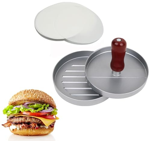 winmiya Aluminum Burger Press with 100 Wax Paper Non-Stick Meat Patty Hamburger Press Burger Maker for BBQ Baking Stuffed Burgers Beef Burger