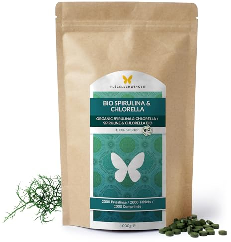 1kg BIO Spirulina & Chlorella Presslinge, 2000 Tabletten 'a 500mg, 100% natürlich, rückstandskontrolliert, nach EU-ÖKO-Standard kultiviert und hergestellt, Rohkostqualität, ohne Zusätze (1000g)