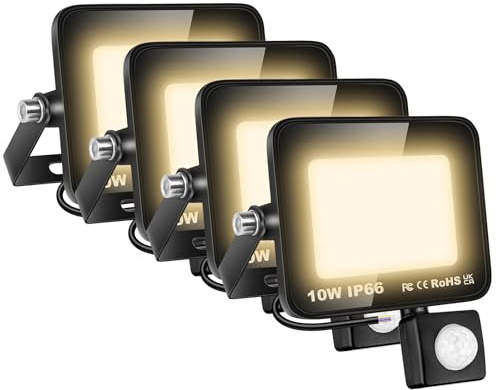 AUXTINGS 4 stycken 10 W LED-projektor säkerhet med PIR-rörelsedetektor, 1 000 lumen 4 000K varmvita utomhuslampor, vattentät utomhus LED för trädgård, garage, veranda, uteplats, kortil