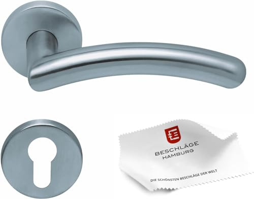 Beschläge Hamburg Türgriffe Türbeschlag scoop SBL 1084 — Türklinken mit Profilzylinder Rosetten für Zimmertüren — Drückergarnitur/Türdrücker für Innentüren, 54 mm rund in Edelstahl matt