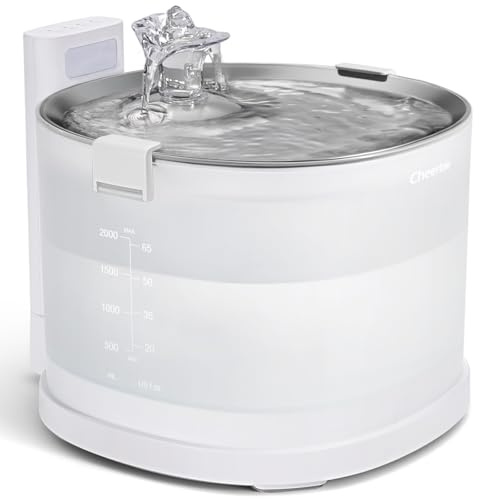 Cheerble Pumpless Cat Water Elfin Fountain, Wireless Pet Fountain Battery Operated, 2L/67oz E1+ Automatic Water Dispenser Cats & Dogs MagDrive™ Technology Stainless Steel Tray, No Cleaning Hassle