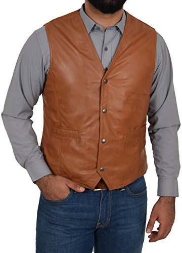 A1 FASHION GOODS Herren-Weste aus echtem Leder, klassisch, weich, mit Druckknopf, Smart Casual Gilet, hautfarben, XXXL