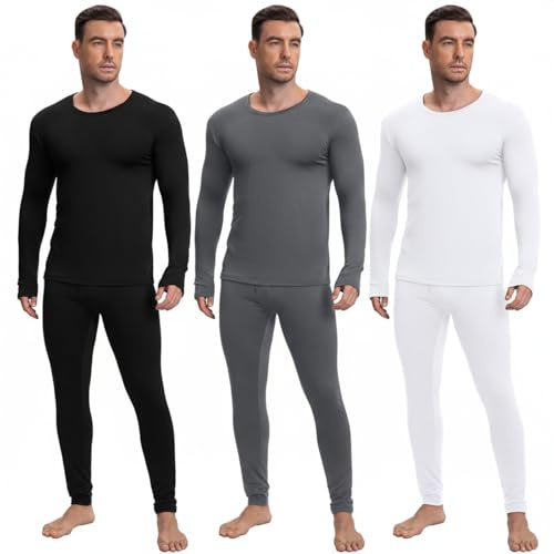Patelai 3 Sets Men's Thermal Underwear Long Underwear Base Layer with Fleece Lined for Winter Cold Weather(Normal,Small,Gray, Black, White)