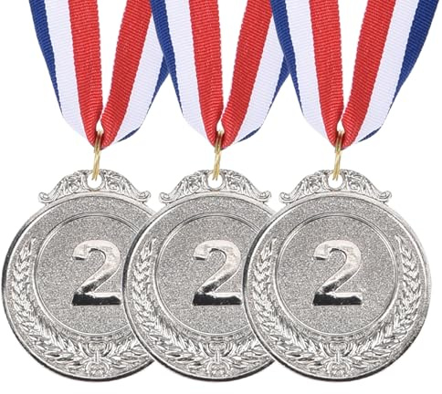 PATIKIL Medaglie d'Argento da 2 Pollici, 3 Pezzi Medaglie del Vincitore 2° Posto Premio Oro Stile Olimpico con Nastro per Il Collo per Giochi e Competizioni Sportive
