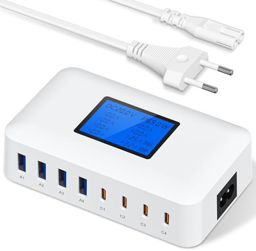 200W Caricatore USB Multiplo, 8 Porte Caricatore USB C con PD 65W e QC 18W, Stazione di Ricarica Rapida con Schermo LCD, Compatibile con MacBook Pro/Air, iPhone 16/15/14 Pro Max, iPad, Samsung S24/S23