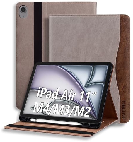 ONETHEFUL Coque pour iPad Air 6 M2 2024/iPad Air 5 2022/iPad Air 4 2020 Housse Premium en Cuir PU Tablette, Compatible iPad Air 6/5/4 Génération avec Porte-Stylo Veille/Réveil Auto Kaki