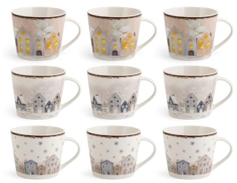 H&H, set 9 tazze colazione Snowland, tazze natalizie, decori casette e fiocchi di neve, colorazioni assortite, in porcellana New Bone China, 420 cc