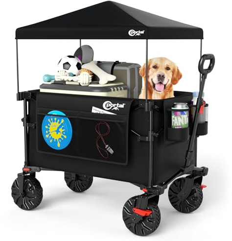 PORTAL Chariot de Plage Pliable avec Toit Chariot de Transport à roulettes Tout Terrain Poignée Réglable Charrette pour Extérieur Camping Pique-Nique