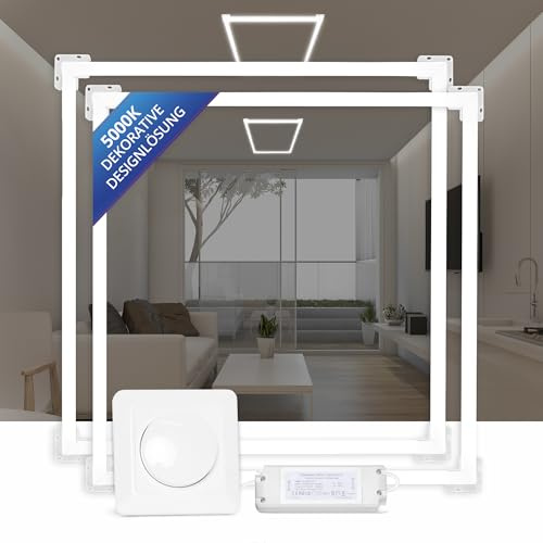 LECOM 2x LED Lichtrahmen 62x62 Dimmbar 4000lm Tageslicht mit Wanddimmer | LED Rahmenleuchte mit Wanddimmer. Helligkeit stufenlos anpassen. Für Odenwald und glatte Decken im Gewerbe und Wohnbereich.